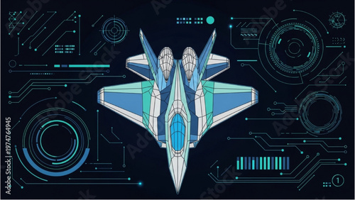 Vector CAD design of futuristic jet on a circuit board background