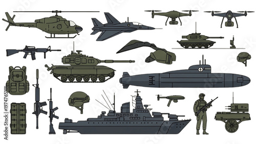 Military vehicles and equipment in vector CAD design for defense technology