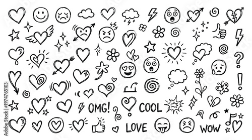 Collection of hand-drawn doodle icons and symbols representing emotions love and positive messages on a white background