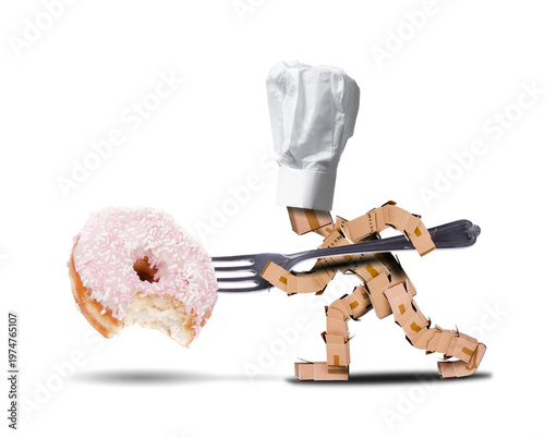 Donut with a bite missing on the fork of a chef character white background