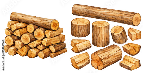 A watercolor collection of firewood logs featuring stacked timber, cut wood pieces, and natural wooden trunks in a rustic woodland style isolated on white background.