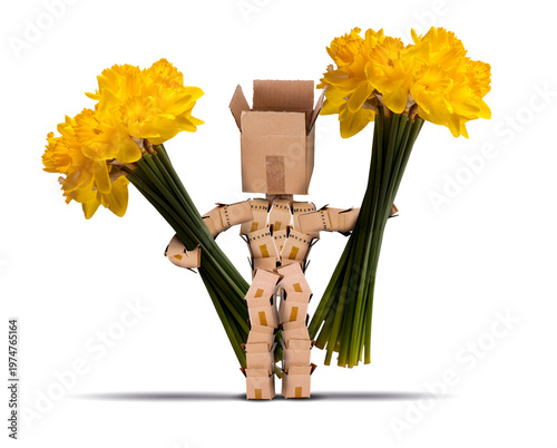 Daffodils in the arms of a cute box character on white background