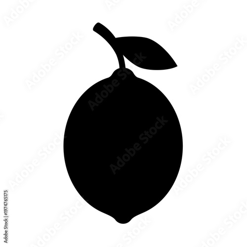 Lemon icon. Black lemon sign isolated on white background. Citrus fruit. Solid limon for design prints. Abstract cute print. Simple lime. Silhouette fresh citron. Lemonade juice. Vector illustration