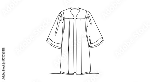 Single unbroken contour academic gown, black lines on transparent background, representing commencement attire and scholastic triumph