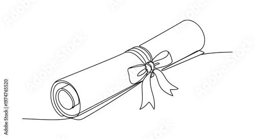 One continuous stroke rolled certificate with bow, black lines, representing scholastic achievement and university completion