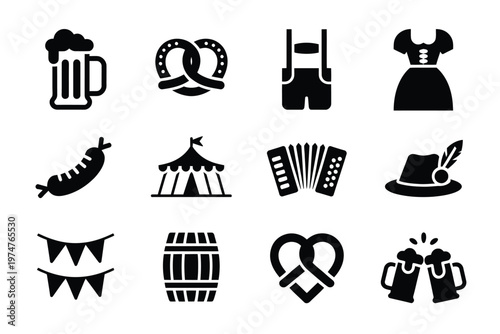 Oktoberfest icon silhouette beer lederhosen pretzel sausages tent accordion festival theme design