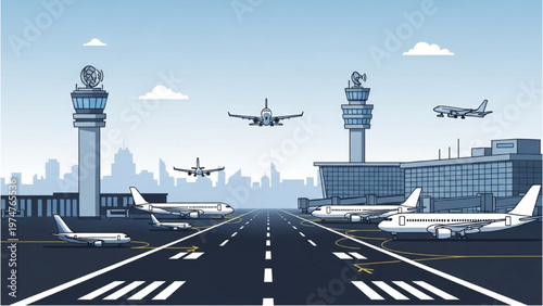 Airplanes landing on vector CAD design runway at airport with control towers
