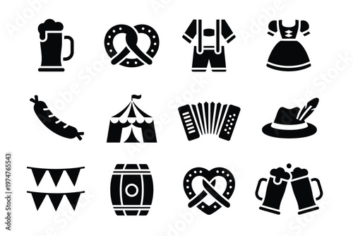 Oktoberfest icon silhouette beer pretzel sausages lederhosen accordion tent festival celebration design