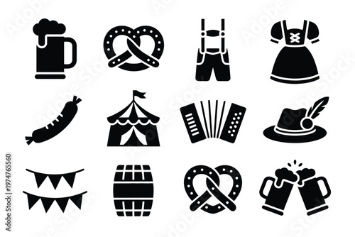 Oktoberfest icon silhouette beer lederhosen pretzel sausage tent accordion traditional festival design