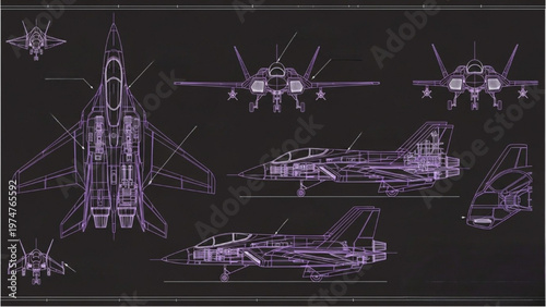 Vector CAD design of various military fighter jet aircraft blueprints