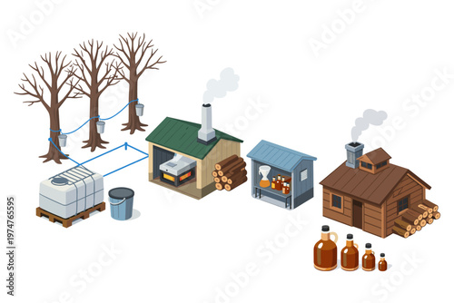 Maple syrup production process from trees to bottled sweet liquid