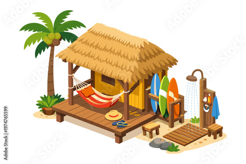 Tropical beach hut with surfboards, hammock, and outdoor shower for a relaxing vacation