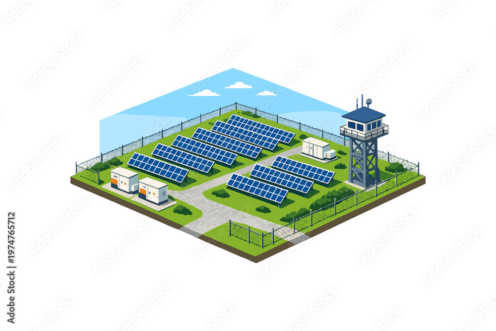 Obraz premium Isometric solar power station with security tower and control buildings