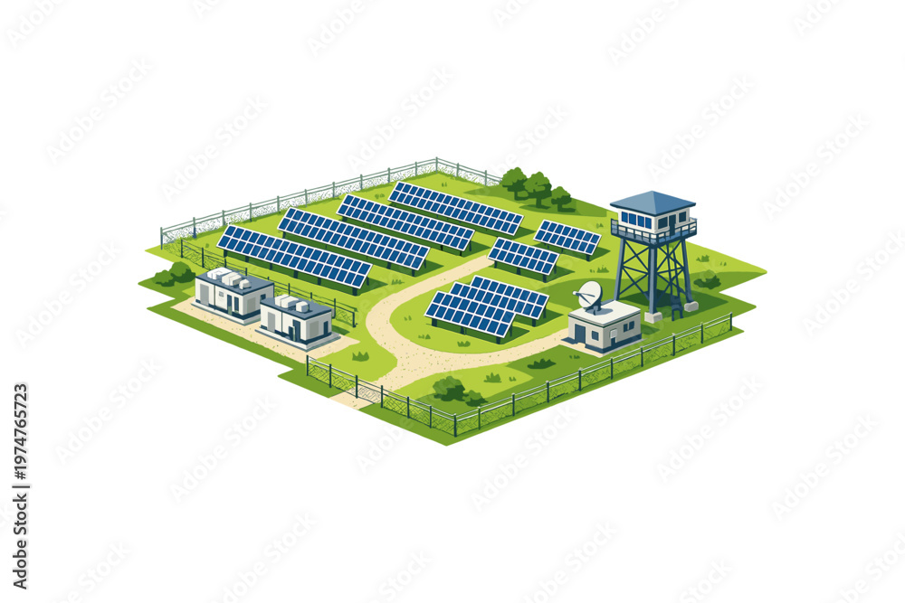 Obraz premium Modern solar power station with control tower and administrative buildings