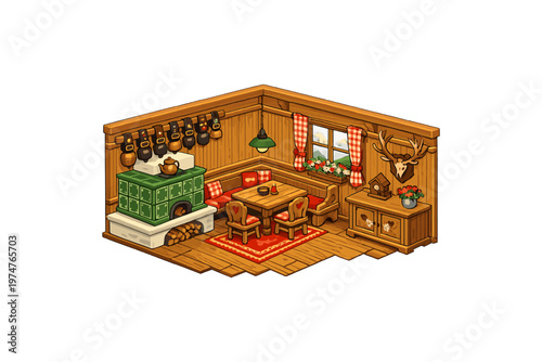 Cozy alpine cabin interior with traditional stove and dining area