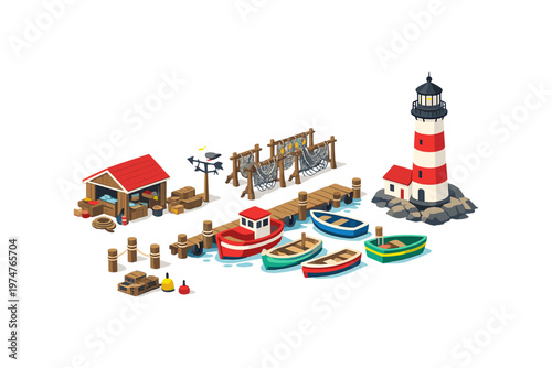 Isometric coastal village scene with lighthouse, boats, and fishing nets