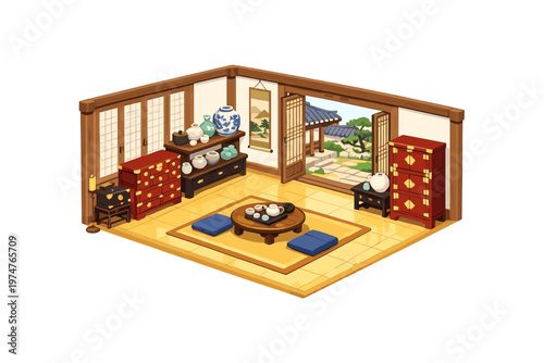 Traditional Korean room interior with garden view and tea set