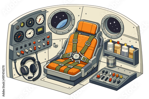 Inside a cartoon spaceship cockpit with an orange pilot seat and control panel