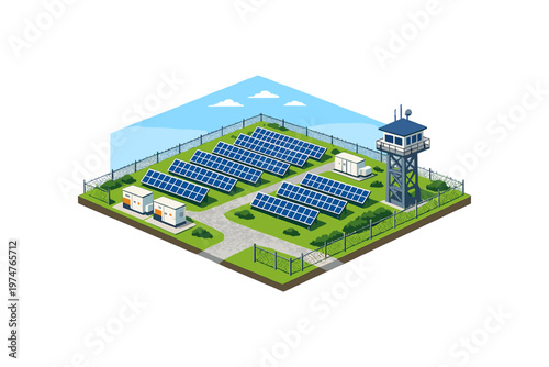 Isometric solar power station with security tower and control buildings