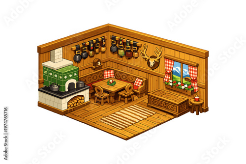 Cozy alpine cabin interior with traditional stove and dining area