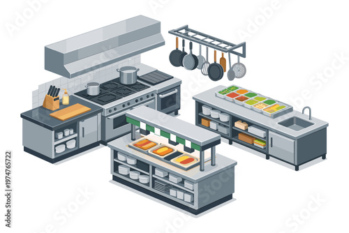 Commercial kitchen equipment and food service stations in isometric view
