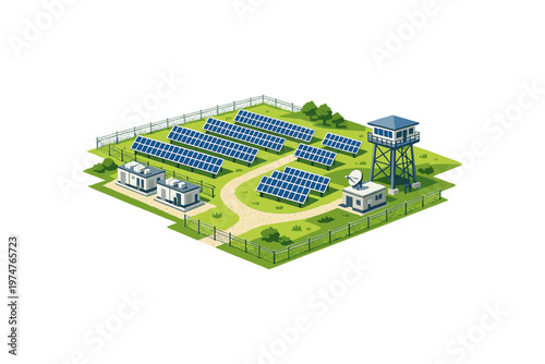 Modern solar power station with control tower and administrative buildings