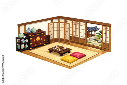Traditional Korean room interior with garden view and tea set on low table