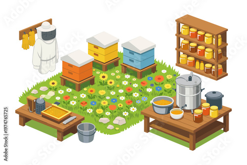 Beekeeping setup with hives, protective gear, and honey processing equipment