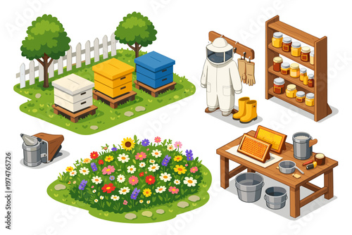 Illustration of beekeeping equipment and apiary elements in a charming isometric style