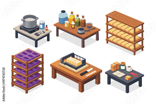Isometric illustration of a soap making process with ingredients and equipment