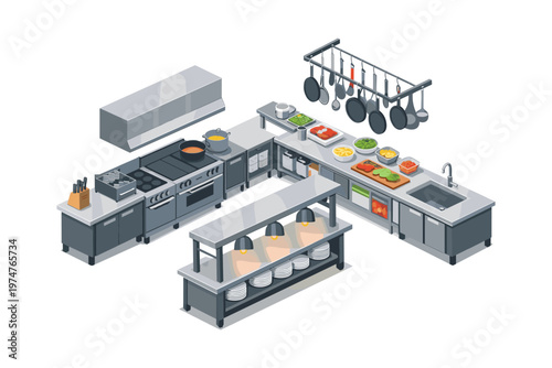 Professional commercial kitchen setup with stainless steel appliances and cooking equipment