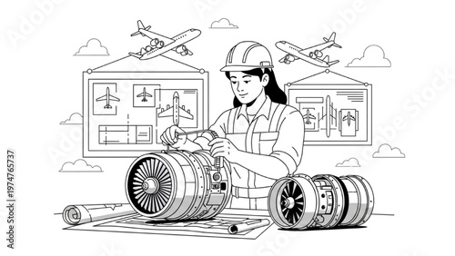 Engineer working on vector CAD design of aircraft engine in workshop