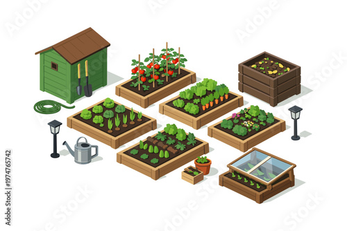 Isometric raised garden beds with vegetables, shed, and gardening tools