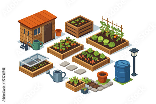 Isometric garden setup with raised beds, shed, and various vegetables growing