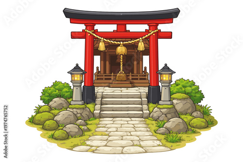 Traditional Japanese Shinto shrine entrance with torii gate and stone path