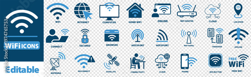WiFi icons set, wireless network connection symbols, blue internet technology vector elements