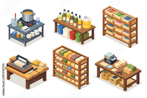 Isometric illustration of a soap making workshop with ingredients and finished products