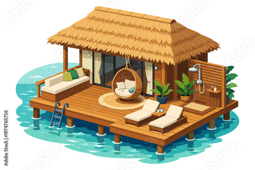 Tropical overwater bungalow with thatched roof, deck, and outdoor shower