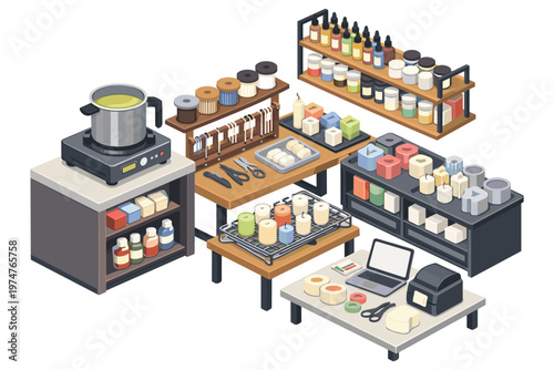 Candle making workshop setup with tools, materials, and finished products