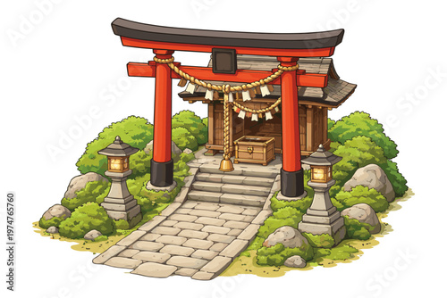 Traditional Japanese shrine entrance with torii gate and stone lanterns