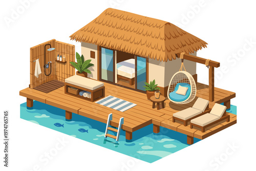 Tropical overwater bungalow with outdoor shower and lounge area
