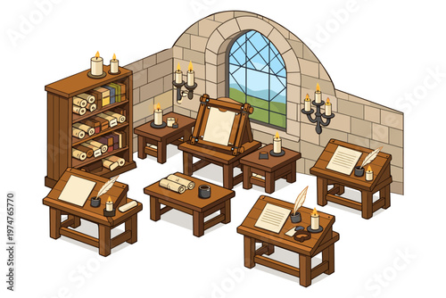 Medieval scribe's study with desks, scrolls, and candles creating a scholarly atmosphere