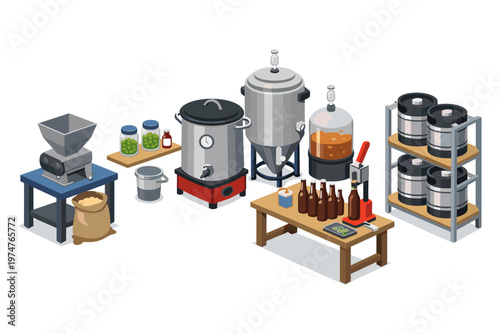 Home brewing equipment setup for crafting artisanal beverages in a clean, organized space