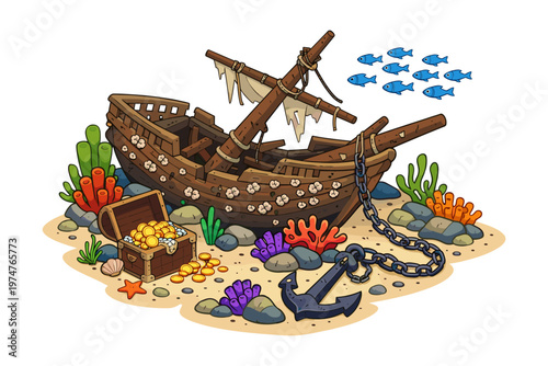 Cartoon shipwreck with treasure chest and anchor on sandy seabed