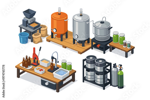 Home brewing equipment setup with tanks, bottles, and kegs