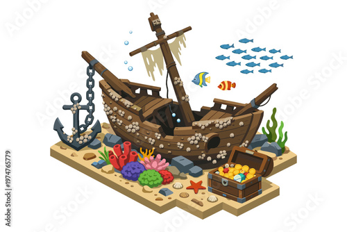 Underwater shipwreck with treasure chest, anchor, and colorful coral reef life