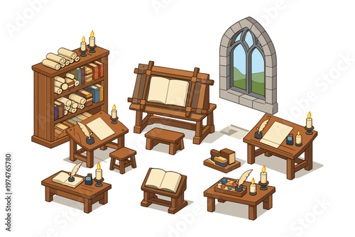 Medieval scribe's study with antique furniture and writing tools