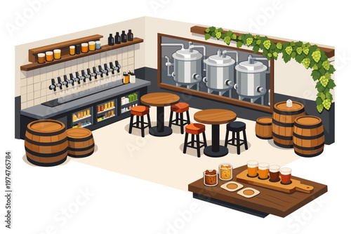 Interior view of a modern craft brewery tasting room with brewing tanks and bar