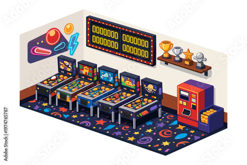 Retro arcade room filled with colorful pinball machines and trophies