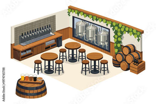 Cozy isometric brewery interior with tasting flights and brewing tanks